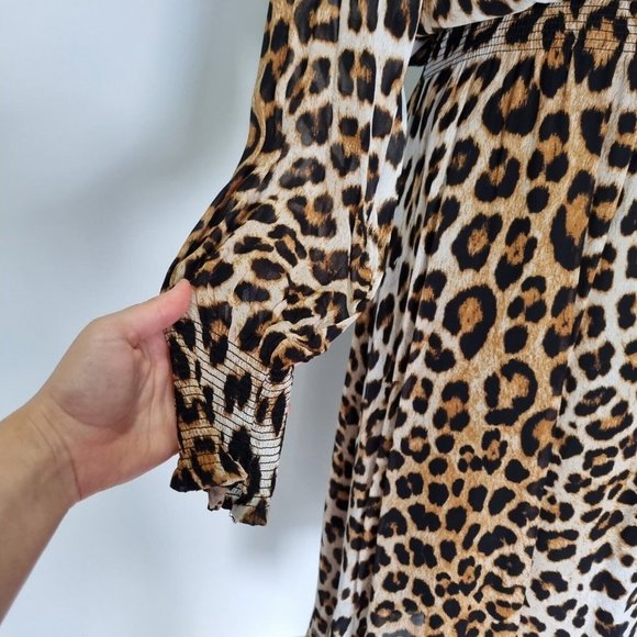 Witchery Multicolour Leopard Print Deep V-Neck Balloon Sleeve Midi Dress Size 12 - Picture 7 of 11